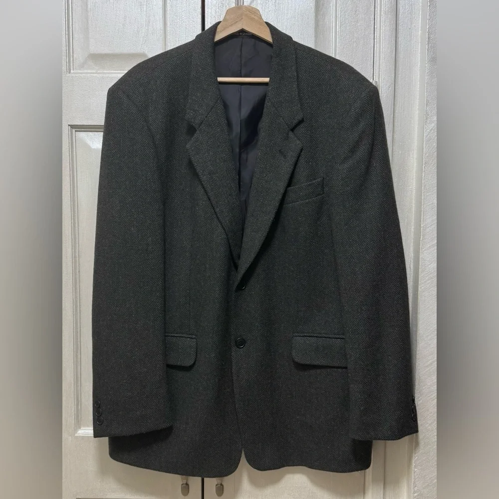 Oleg Cassini Men’s 42R Dark Green Herringbone Sport Coat Wool Tweed Blazer